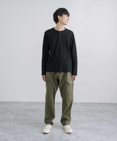 ワッフルカットソー 3ボタン ヘンリーネックTシャツ 長袖 無地T（T