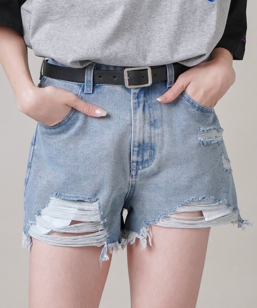 SPINNS（スピンズ）の「ダメージ デニムショートパンツ（デニム