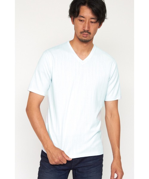 HIGH STREET(ハイストリート)の「HIGH STREET∴ウェーブJQ半袖VネックTシャツ(Tシャツ/カットソー・メンズ・ホワイト/ライトグリーン/ブルー系2・M/L/LL)」の3枚目の写真