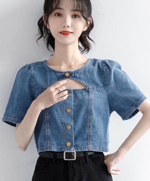 CHANEL デニムブルー 半袖トップス セール】ネックベルト半袖デニムトップス（シャツ/ブラウス）｜gossip