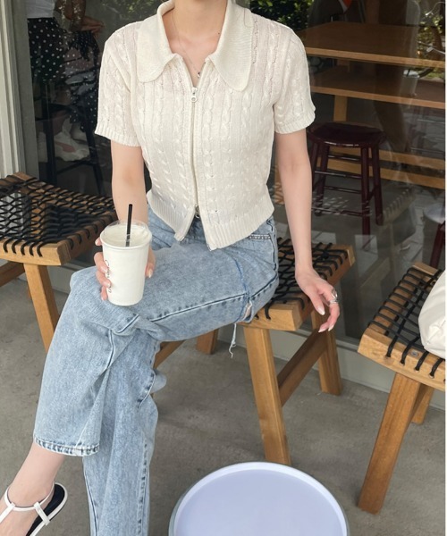 LE MORE（リモア）の「ケーブルショートWジップニット（ニット/セーター・レディース・ブルー/グレー/アイボリー/ブラック/ピンク・FREE）」の2枚目の写真