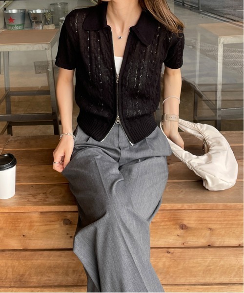 LE MORE（リモア）の「ケーブルショートWジップニット（ニット/セーター・レディース・ブルー/グレー/アイボリー/ブラック/ピンク・FREE）」の6枚目の写真