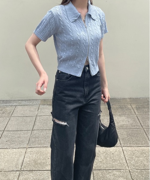 LE MORE（リモア）の「ケーブルショートWジップニット（ニット/セーター・レディース・ブルー/グレー/アイボリー/ブラック/ピンク・FREE）」の9枚目の写真