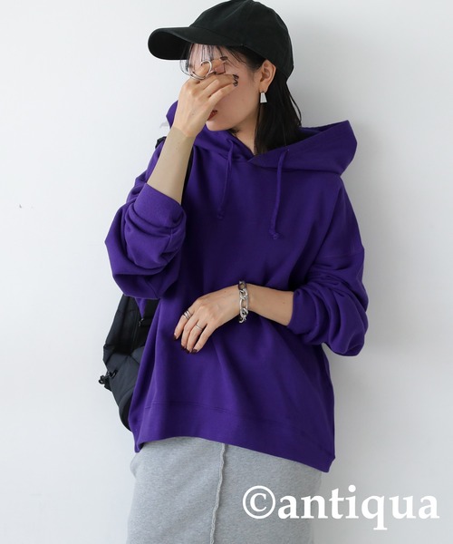 antiqua（アンティカ）の「綿100%裏毛長袖パーカー（パーカー・レディース・ブラック/ブラウン系その他/グレイッシュベージュ/イエロー系その他/ベビーピンク/オフホワイト/杢グレー/ダークグリーン/スミクロ/ネイビー/パープル/ブルー系その他/ダークブラウン/グリーン/ピンク/レッド/レンガ・FREE）」の12枚目の写真