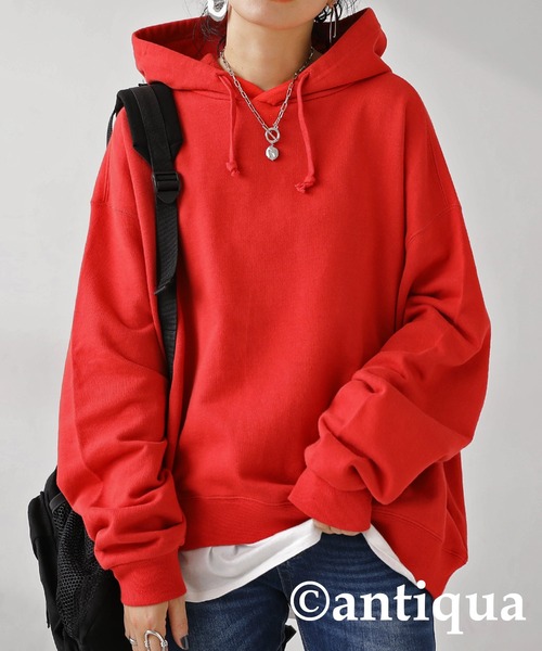 antiqua（アンティカ）の「綿100%裏毛長袖パーカー（パーカー・レディース・ブラック/ブラウン系その他/グレイッシュベージュ/イエロー系その他/ベビーピンク/オフホワイト/杢グレー/ダークグリーン/スミクロ/ネイビー/パープル/ブルー系その他/ダークブラウン/グリーン/ピンク/レッド/レンガ・FREE）」の17枚目の写真