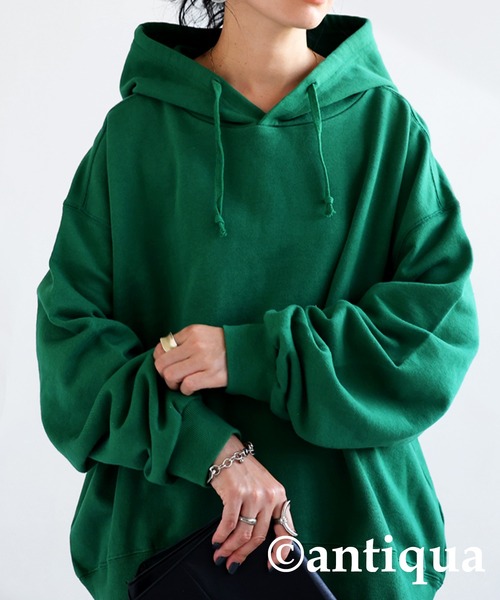 antiqua（アンティカ）の「綿100%裏毛長袖パーカー（パーカー・レディース・ブラック/ブラウン系その他/グレイッシュベージュ/イエロー系その他/ベビーピンク/オフホワイト/杢グレー/ダークグリーン/スミクロ/ネイビー/パープル/ブルー系その他/ダークブラウン/グリーン/ピンク/レッド/レンガ・FREE）」の9枚目の写真
