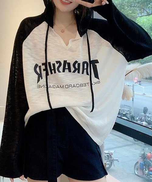gossip！ロサンゼルス（ゴシップロサンゼルス）の「YUGA フード付きトップス（Tシャツ/カットソー・レディース・ホワイト系その他/モカ/ホワイト・FREE）」の2枚目の写真