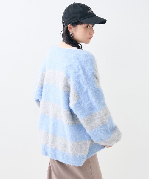 POPPY poppy ローゲージ ボーダーニット ブルー カーディガン POPPY poppy ローゲージ ボーダーニット ブルー カーディガン