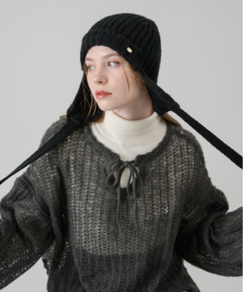 idem（イデム）の「draw code knit beanie/耳当て付きニット帽