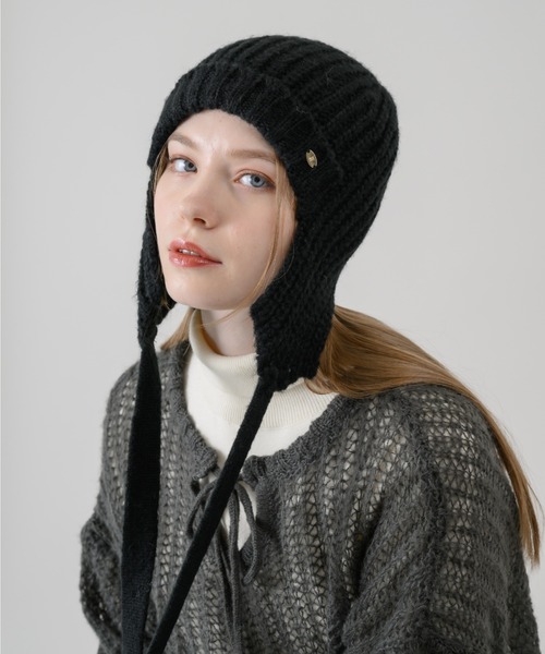 idem（イデム）の「draw code knit beanie/耳当て付きニット帽（ニットキャップ/ビーニー・レディース・ブラック/グレー・FREE）」の7枚目の写真