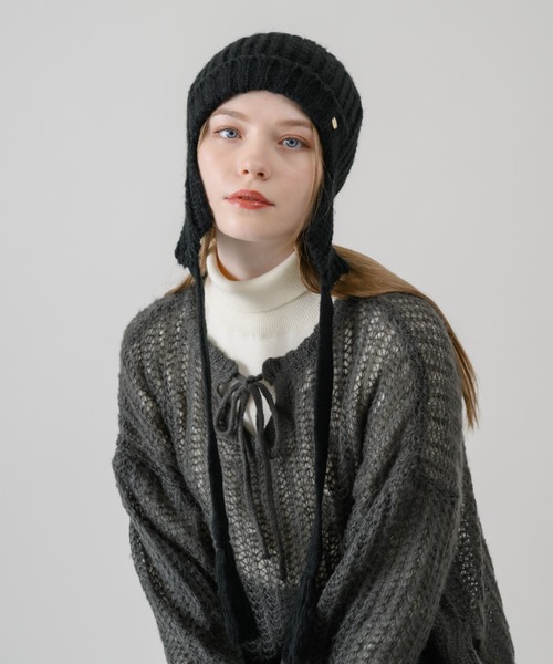 idem（イデム）の「draw code knit beanie/耳当て付きニット帽（ニットキャップ/ビーニー・レディース・ブラック/グレー・FREE）」の9枚目の写真