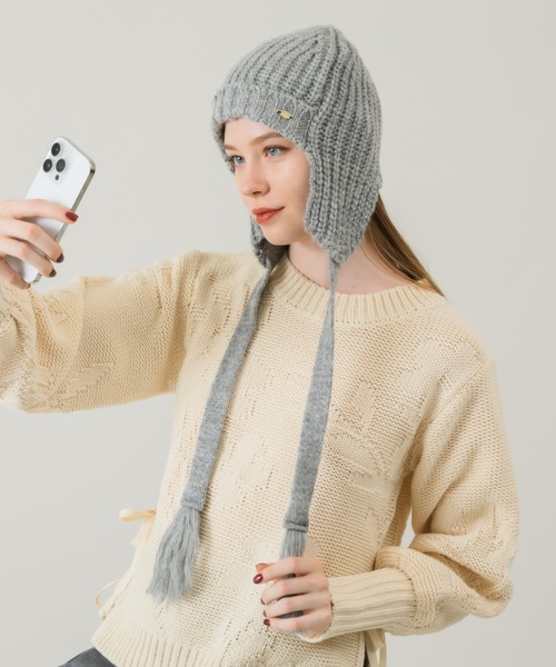 idem（イデム）の「draw code knit beanie/耳当て付きニット帽（ニットキャップ/ビーニー・レディース・ブラック/グレー・FREE）」の19枚目の写真