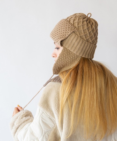 inverni ケーブル編みニット帽 ベージュ ケーブル編みニットアビエーター（ニットキャップ/ビーニー）｜14+