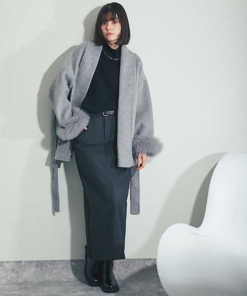 SMILE ORCHID（スマイルオーキッド）の「フォックスファー付きスタンドカラーウール混コート（ステンカラーコート・レディース・グレー/アイボリー・M）」の13枚目の写真