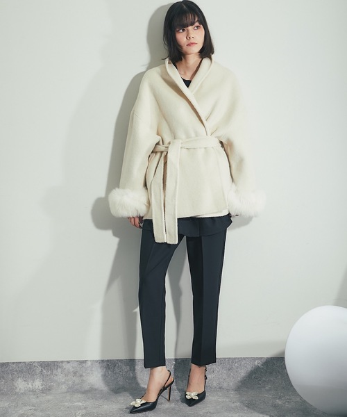 SMILE ORCHID（スマイルオーキッド）の「フォックスファー付きスタンドカラーウール混コート（ステンカラーコート・レディース・グレー/アイボリー・M）」の20枚目の写真