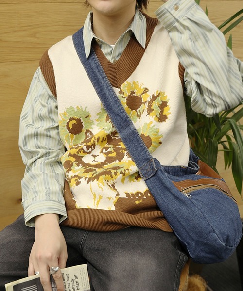 HOOK（フック）の「HOOK -original- かわいいネコとひまわりニットベスト（ベスト・メンズ・グリーン/ブラウン・M/L/XL）」の2枚目の写真