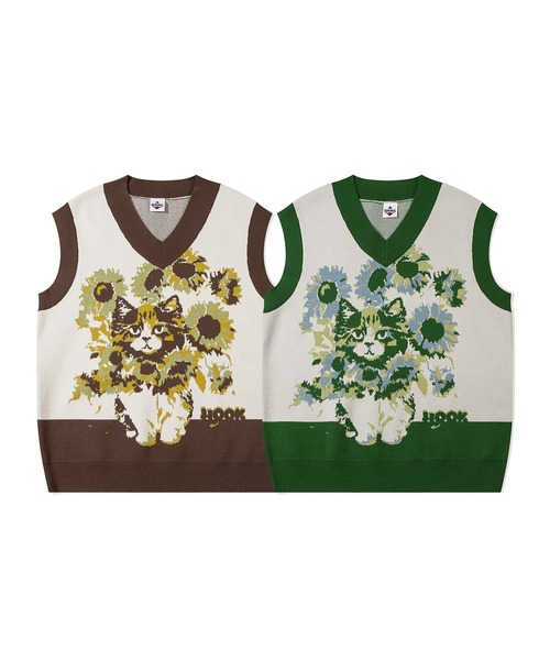 HOOK（フック）の「HOOK -original- かわいいネコとひまわりニットベスト（ベスト・メンズ・グリーン/ブラウン・M/L/XL）」の3枚目の写真