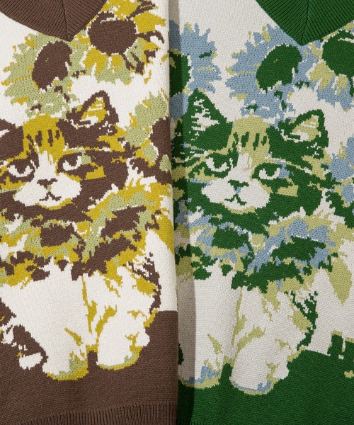 HOOK（フック）の「HOOK -original- かわいいネコとひまわりニットベスト（ベスト・メンズ・グリーン/ブラウン・M/L/XL）」の8枚目の写真