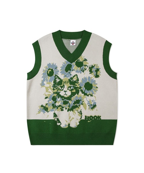 HOOK（フック）の「HOOK -original- かわいいネコとひまわりニットベスト（ベスト・メンズ・グリーン/ブラウン・M/L/XL）」の4枚目の写真