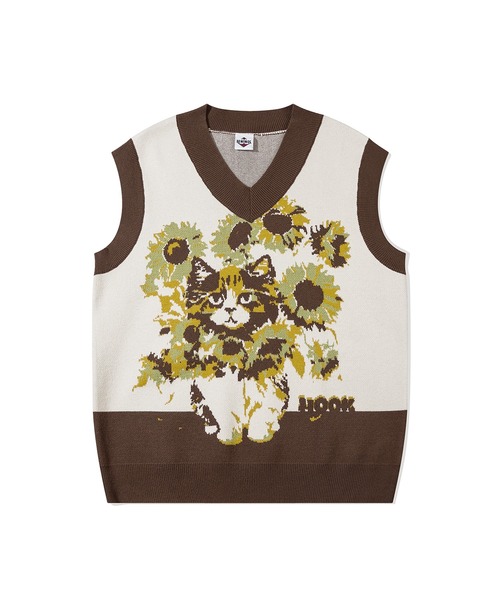 HOOK（フック）の「HOOK -original- かわいいネコとひまわりニットベスト（ベスト・メンズ・グリーン/ブラウン・M/L/XL）」の6枚目の写真