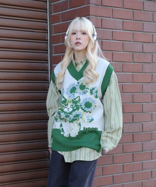 HOOK（フック）の「HOOK -original- かわいいネコとひまわりニットベスト（ベスト・メンズ・グリーン/ブラウン・M/L/XL）」の17枚目の写真