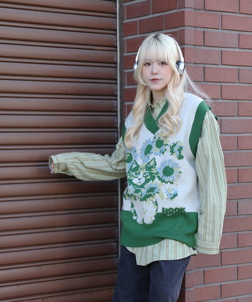 HOOK（フック）の「HOOK -original- かわいいネコとひまわりニットベスト（ベスト・メンズ・グリーン/ブラウン・M/L/XL）」の18枚目の写真