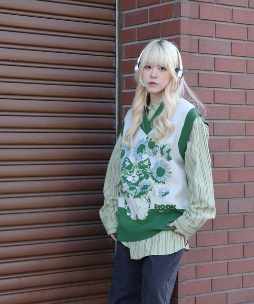 HOOK（フック）の「HOOK -original- かわいいネコとひまわりニットベスト（ベスト・メンズ・グリーン/ブラウン・M/L/XL）」の19枚目の写真