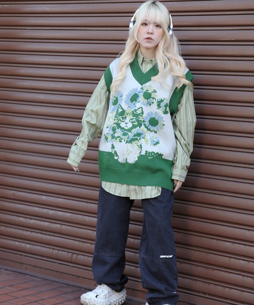 HOOK（フック）の「HOOK -original- かわいいネコとひまわりニットベスト（ベスト・メンズ・グリーン/ブラウン・M/L/XL）」の16枚目の写真