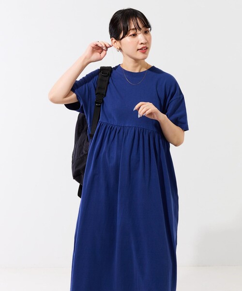 セール】WEB限定 ウエスト ギャザー 切り替え 半袖 マキシワンピース  