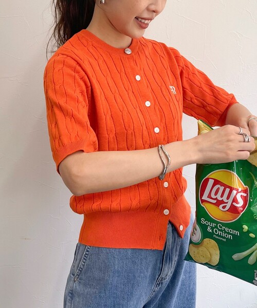 セール】【新色登場】FR刺繍ケーブル柄半袖カーディガン（カーディガン