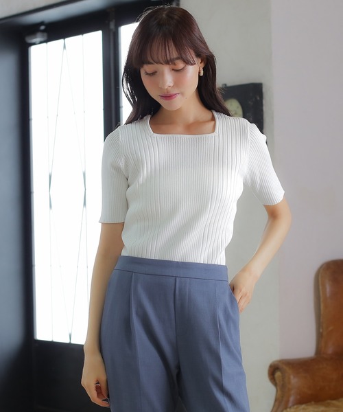 TRUDEA(トルディア)の「スクエアランダムリブニット(半袖)(ニット/セーター・レディース・イエロー/ブルー/ピンク/ブラック/ホワイト・MEDIUM/LARGE)」の20枚目の写真