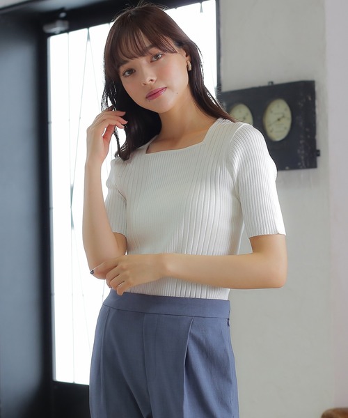 TRUDEA(トルディア)の「スクエアランダムリブニット(半袖)(ニット/セーター・レディース・イエロー/ブルー/ピンク/ブラック/ホワイト・MEDIUM/LARGE)」の21枚目の写真