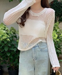クロップドメッシュ長袖サマーニット