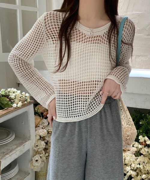 Per sist ence(パーシエンス)の「クロップドメッシュ長袖サマーニット(ニット/セーター・レディース・ホワイト/ブラウン/ブラック・FREE)」の6枚目の写真