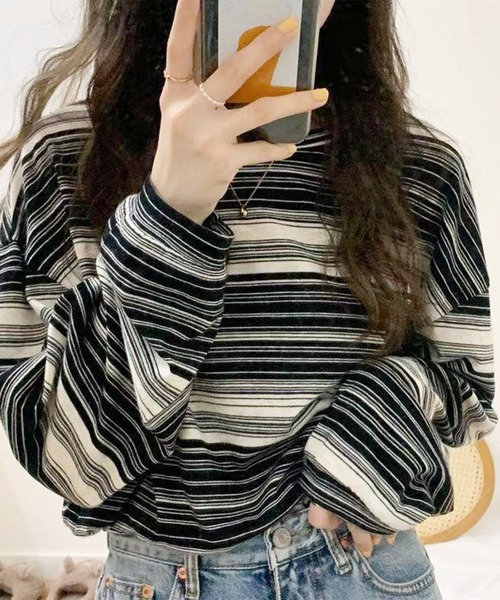 Dewlily(デューリリー)の「マルチボーダーTシャツ(Tシャツ/カットソー・レディース・ブルー/ブラック/グリーン/ピンク・FREE)」の2枚目の写真