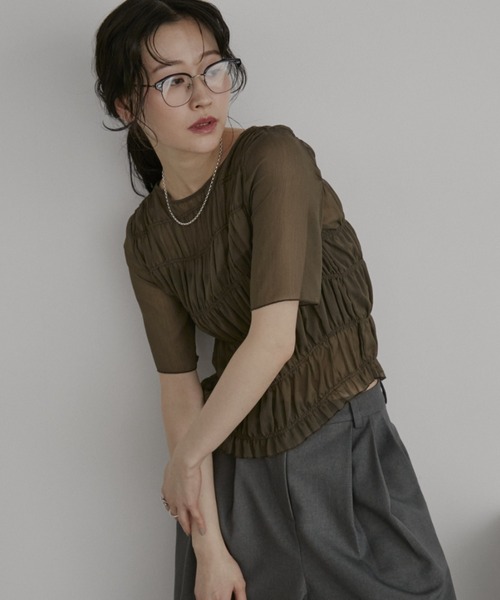 メニーシャーリングハーフスリーブシアートップス（Tシャツ/カットソー