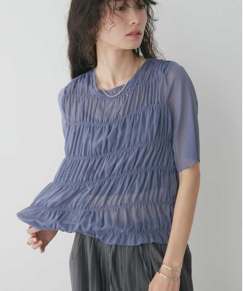 Aunt Marie's(アントマリーズ)の「メニーシャーリングハーフスリーブシアートップス(Tシャツ/カットソー・レディース・ホワイト/ブラック/カーキ/ブルー・FREE)」の4枚目の写真