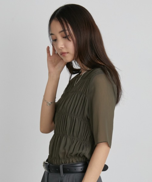 Aunt Marie's(アントマリーズ)の「メニーシャーリングハーフスリーブシアートップス(Tシャツ/カットソー・レディース・ホワイト/ブラック/カーキ/ブルー・FREE)」の7枚目の写真