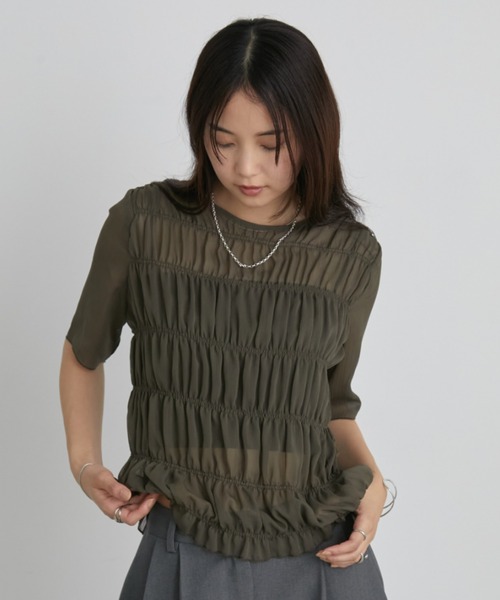Aunt Marie's(アントマリーズ)の「メニーシャーリングハーフスリーブシアートップス(Tシャツ/カットソー・レディース・ホワイト/ブラック/カーキ/ブルー・FREE)」の8枚目の写真