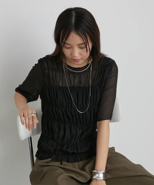 Aunt Marie's(アントマリーズ)の「メニーシャーリングハーフスリーブシアートップス(Tシャツ/カットソー・レディース・ホワイト/ブラック/カーキ/ブルー・FREE)」の20枚目の写真