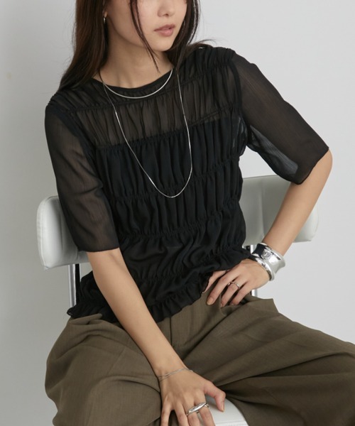 Aunt Marie's(アントマリーズ)の「メニーシャーリングハーフスリーブシアートップス(Tシャツ/カットソー・レディース・ホワイト/ブラック/カーキ/ブルー・FREE)」の19枚目の写真