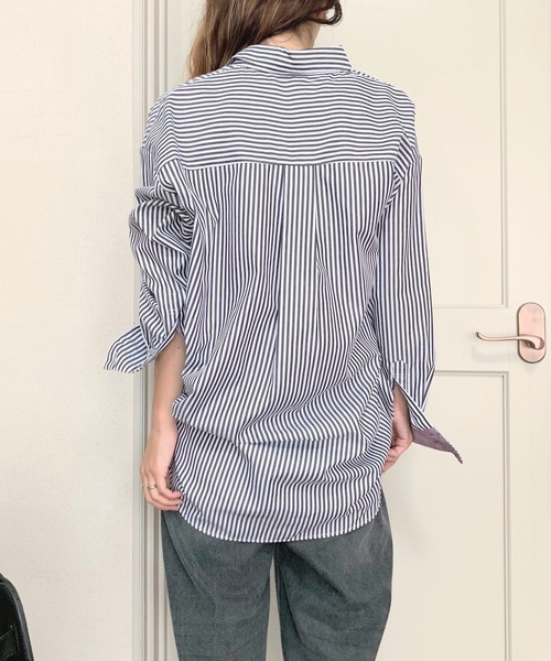 Q（キュー）の「ストライプ配色シャツ（シャツ/ブラウス・レディース・ネイビー系/ブラック系その他・MEDIUM）」の18枚目の写真