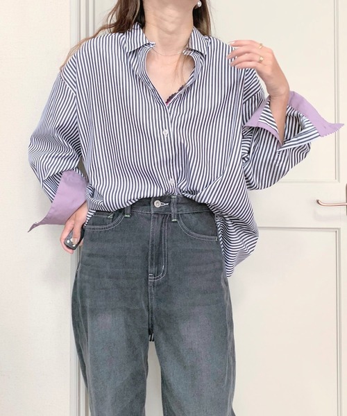 Q（キュー）の「ストライプ配色シャツ（シャツ/ブラウス・レディース・ネイビー系/ブラック系その他・MEDIUM）」の19枚目の写真