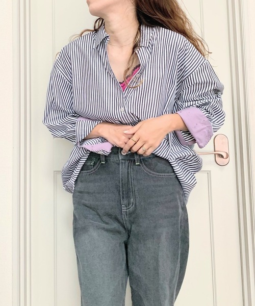 Q（キュー）の「ストライプ配色シャツ（シャツ/ブラウス・レディース・ネイビー系/ブラック系その他・MEDIUM）」の20枚目の写真