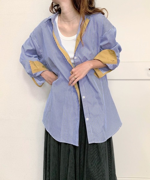 Q（キュー）の「ストライプ配色シャツ（シャツ/ブラウス・レディース・ネイビー系/ブラック系その他・MEDIUM）」の12枚目の写真