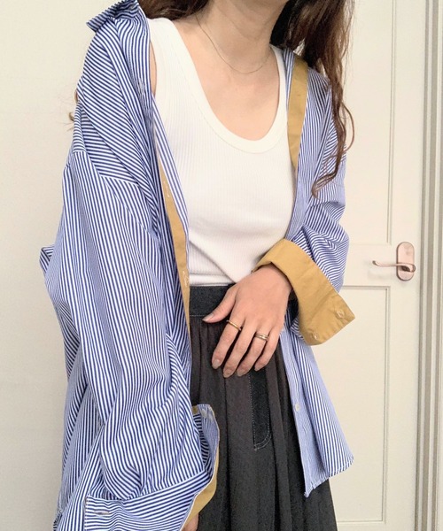 Q（キュー）の「ストライプ配色シャツ（シャツ/ブラウス・レディース・ネイビー系/ブラック系その他・MEDIUM）」の17枚目の写真