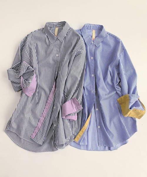 Q（キュー）の「ストライプ配色シャツ（シャツ/ブラウス・レディース・ネイビー系/ブラック系その他・MEDIUM）」の11枚目の写真
