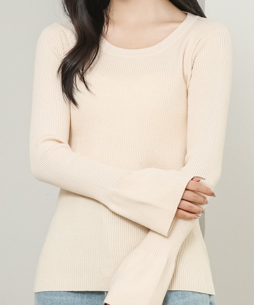 Lace Ladies(レースレディース)の「ソリッドカラー ラウンドネック リブ ニット プルオーバー(ニット/セーター・レディース・グレー/ブラック/ベージュ/ブラック×ホワイト・S/FREE)」の4枚目の写真
