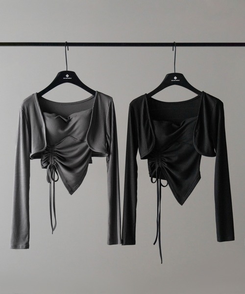 アンサンブル 「 ２点セット 」シャーリングリボンベアトップス ＆ ショートカーディガン SET ／ shirring ribbon bare top 2点セット 】シャーリングリボンベアトップス ＆ ショート