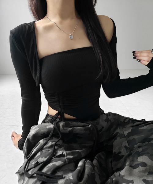 アンサンブル 「 ２点セット 」シャーリングリボンベアトップス ＆ ショートカーディガン SET ／ shirring ribbon bare top 2点セット 】シャーリングリボンベアトップス ＆ ショート